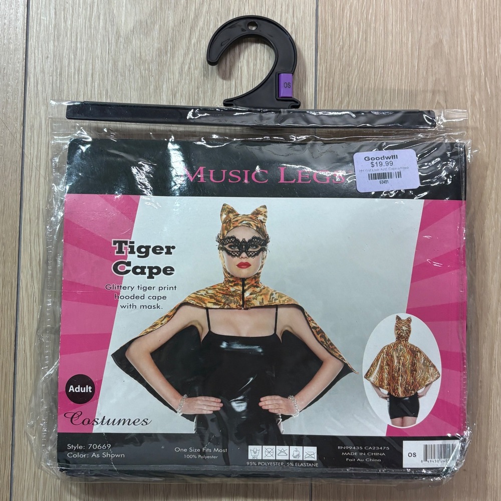 Music Legs Halloween Tiger Cape Hooded Glitter Print Costume Mask Adult OSFM